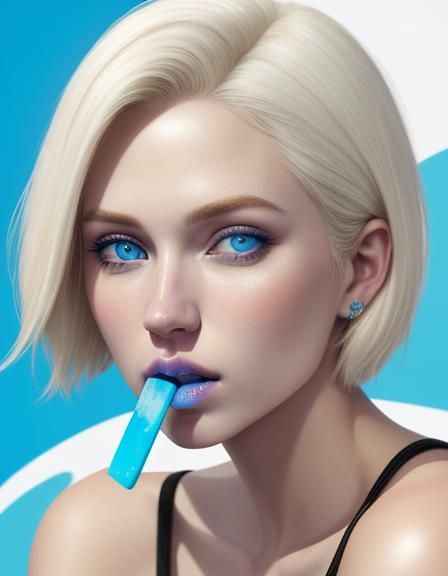 Happy Young Woman with Popsicle, Hyperrealistic Style