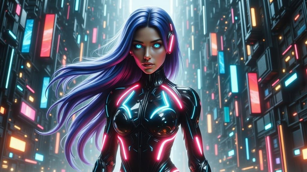 A modern cyberpunk with a unique and vibrant style. She wear...