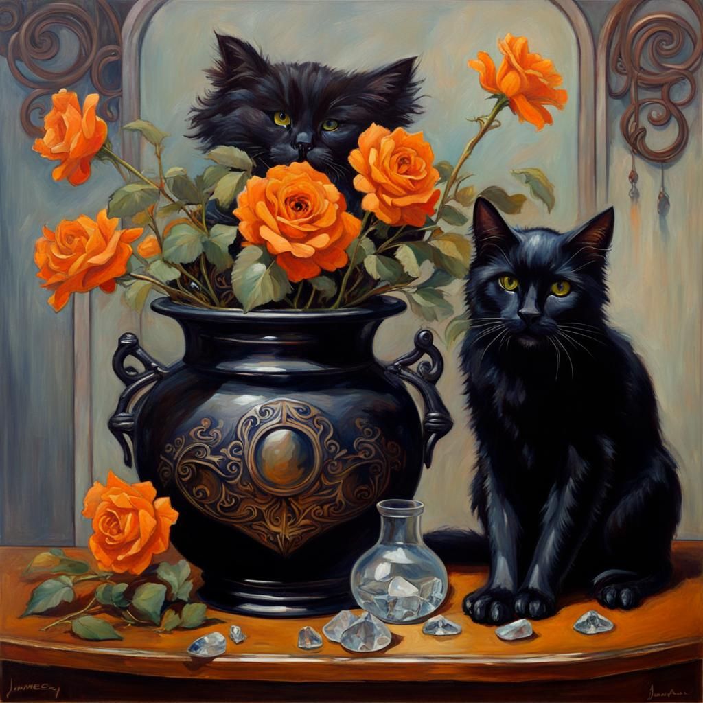 Art Nouveau Still Life with Black Roses and Cat