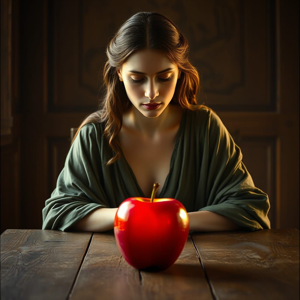 Ethereal Eve Contemplates a Glowing Red Apple in a Warm Gold...