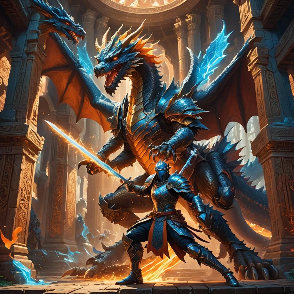 Ornate Hero Battles Fierce Dragon in Ancient Temple