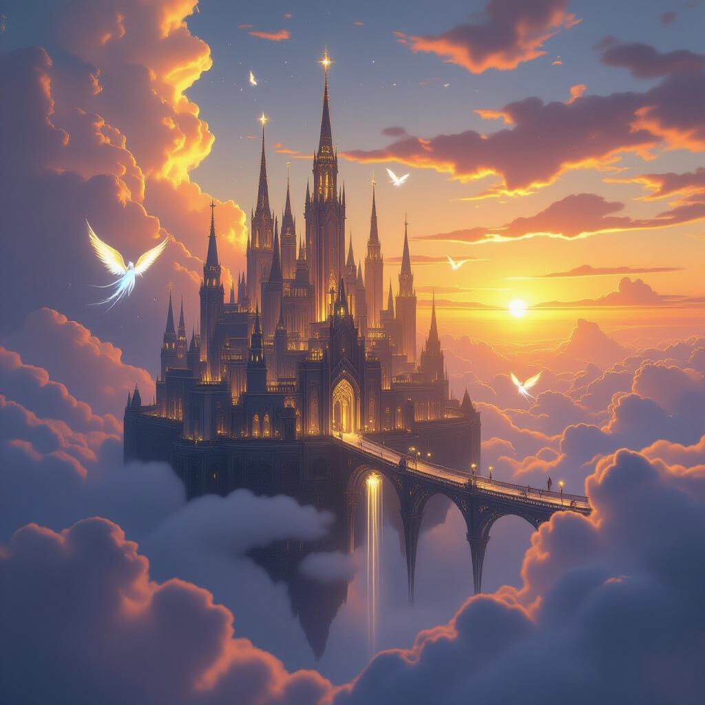 Celestial City Floating Among Clouds at Sunset