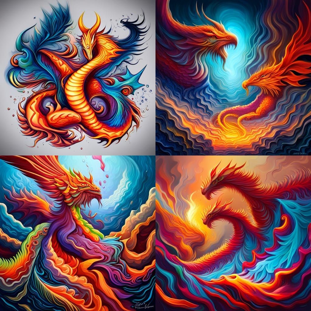 Colorful Dragon and Phoenix Graffiti Street Art