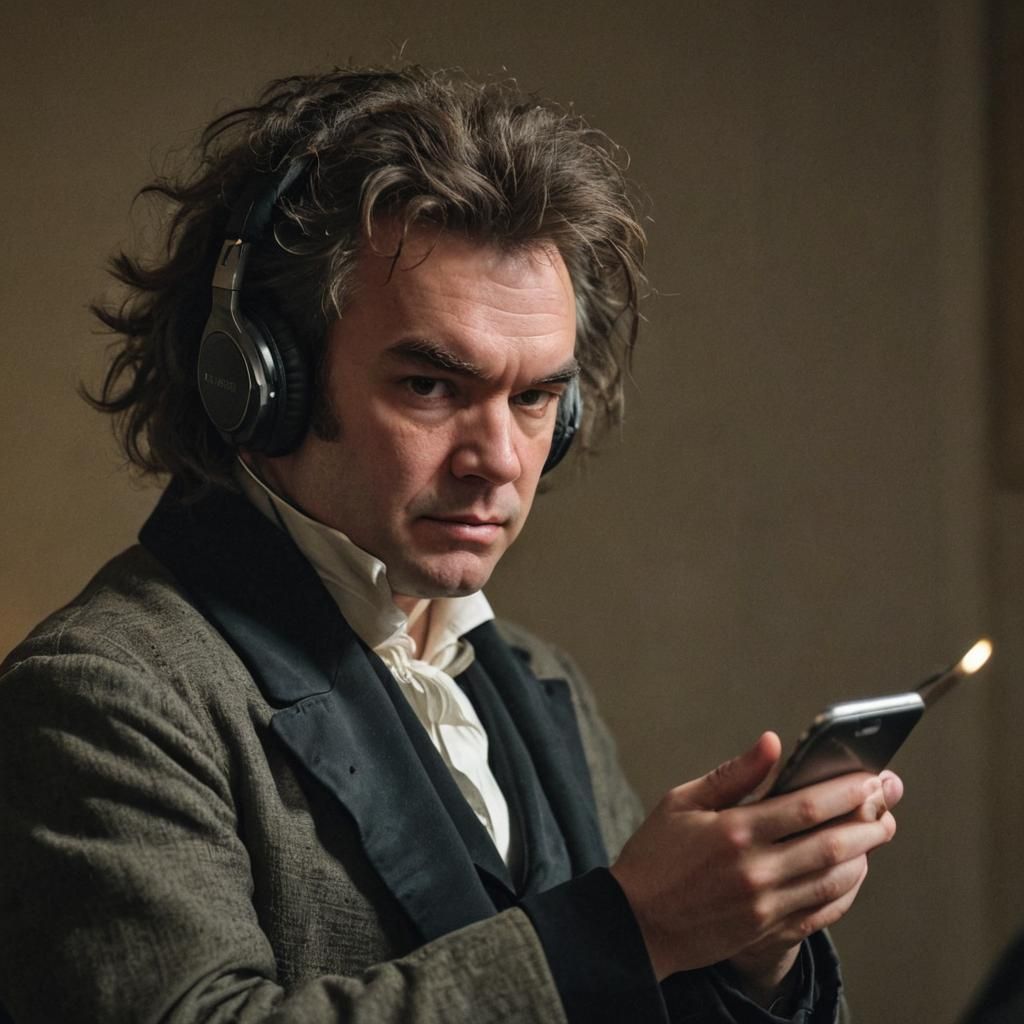 Comedic anachronistic photo of Ludwig van Beethoven, with wi...