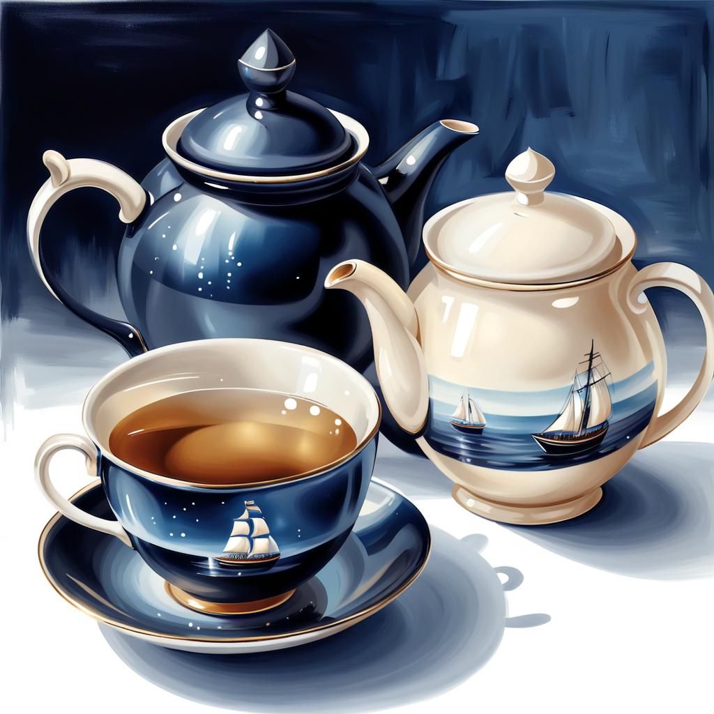 Nautical Tea Set: Oil Painted Airbrush Illustration