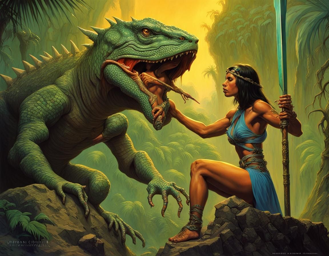 Lizard Woman Confronts Warrior: Hyperrealistic Fantasy Art