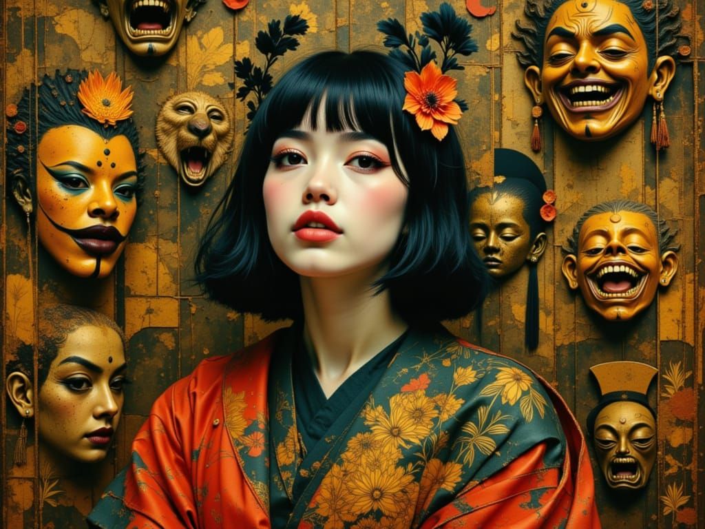 Chiyoko Before Kabuki Masks in Dynamic Lighting