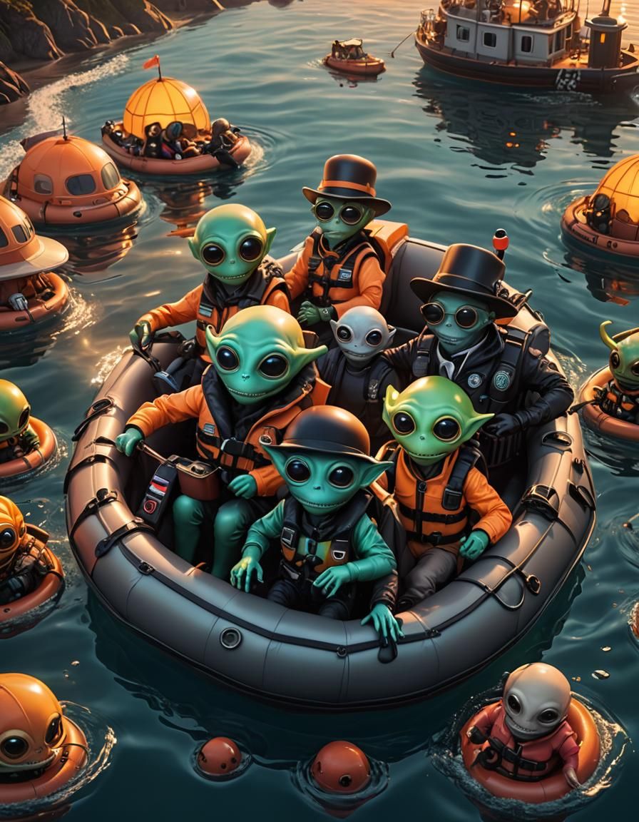 Hyperrealistic Aliens in Lifeboat at Sunset