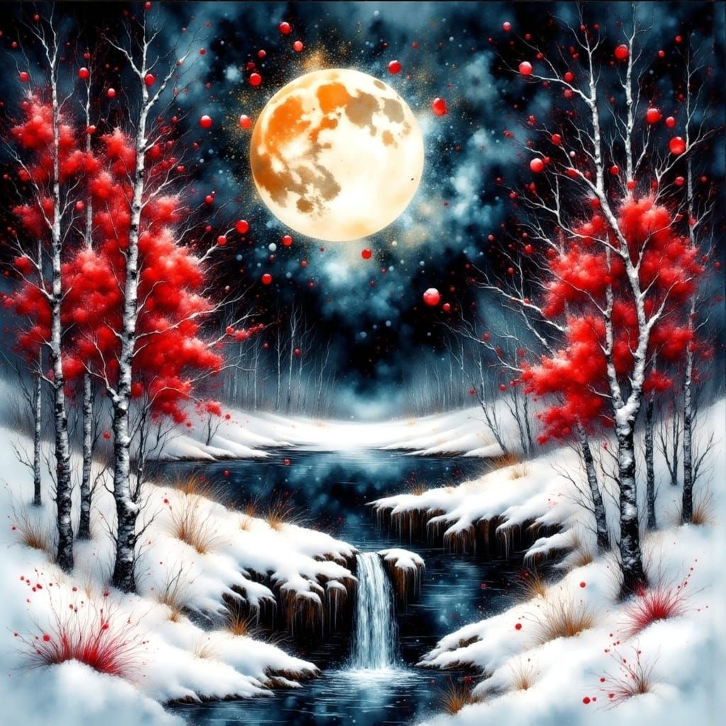 Crimson Winter Moon Over Snowy Landscape