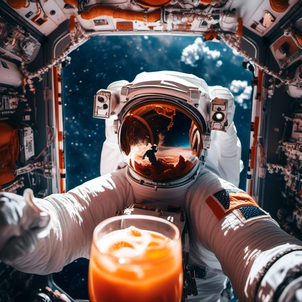 Astronaut Sipping Tang in Sci-Fi Space Station