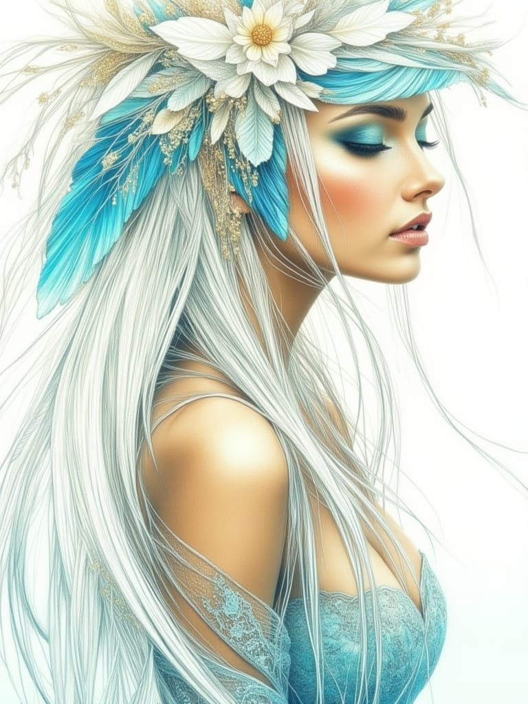 Majestic Bird-Woman with White Hair in Watercolor Style