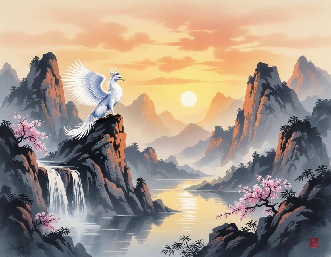 Griffin Perched on Mountains in Chinese Ink Painting