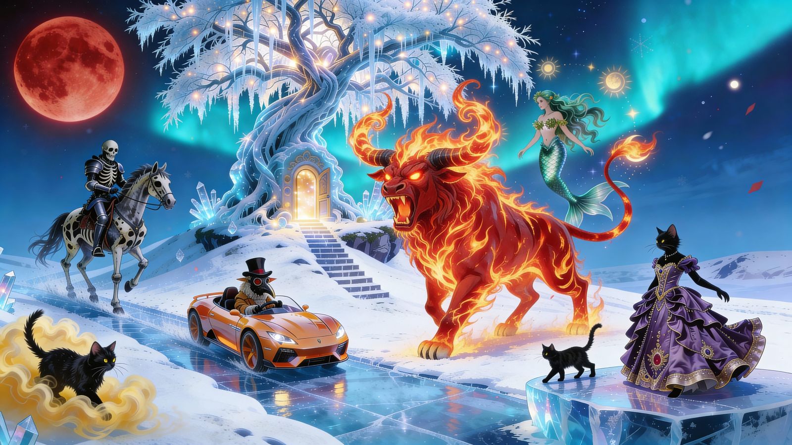 Seamless Collage of Fantasy Creatures and Scenes