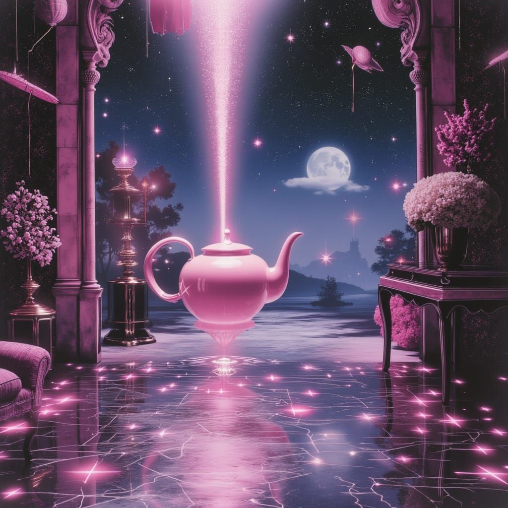 Vintage Teapot Pours Starlight in Surreal Dreamscape