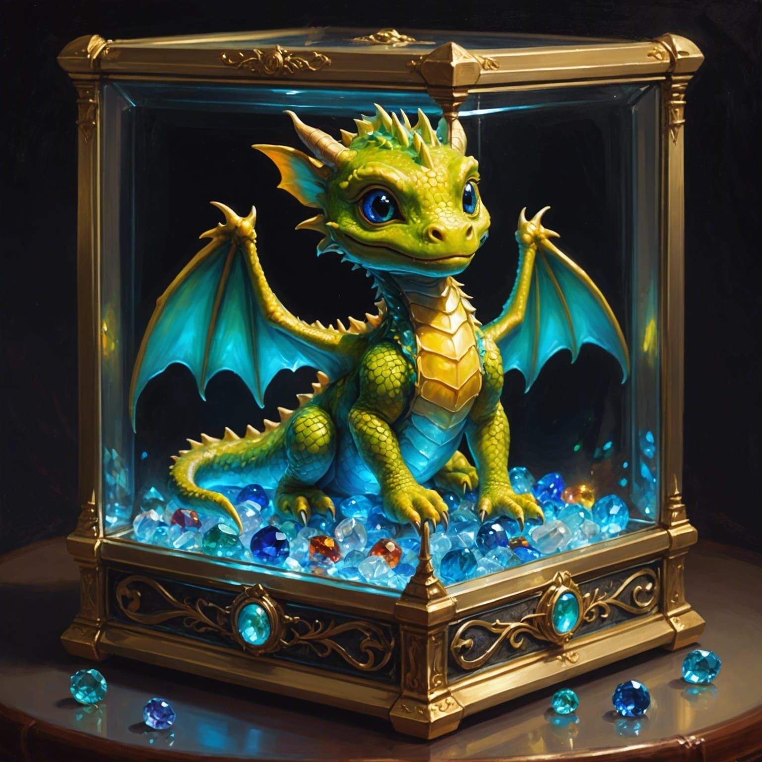 Miniature Dragon with Glowing Jewelry as Oil Painting