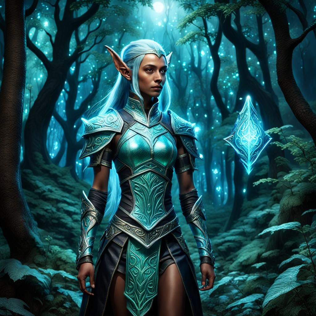 High Elf Monk with Magic Powers in Bioluminescent Forest