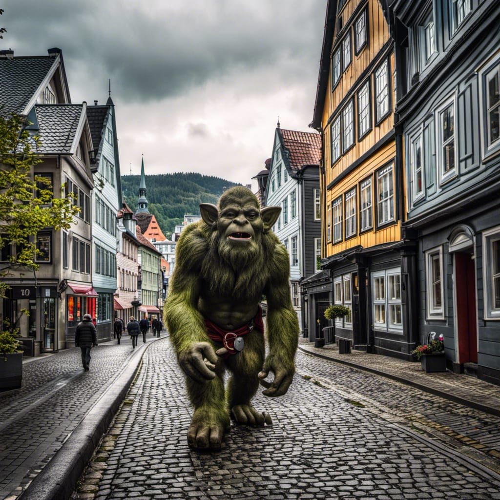 Hyperrealistic Norwegian Troll Walks Through Bergen