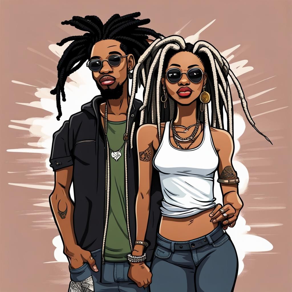 Cartoon Flying Gangsta Couple with Dreadlocks