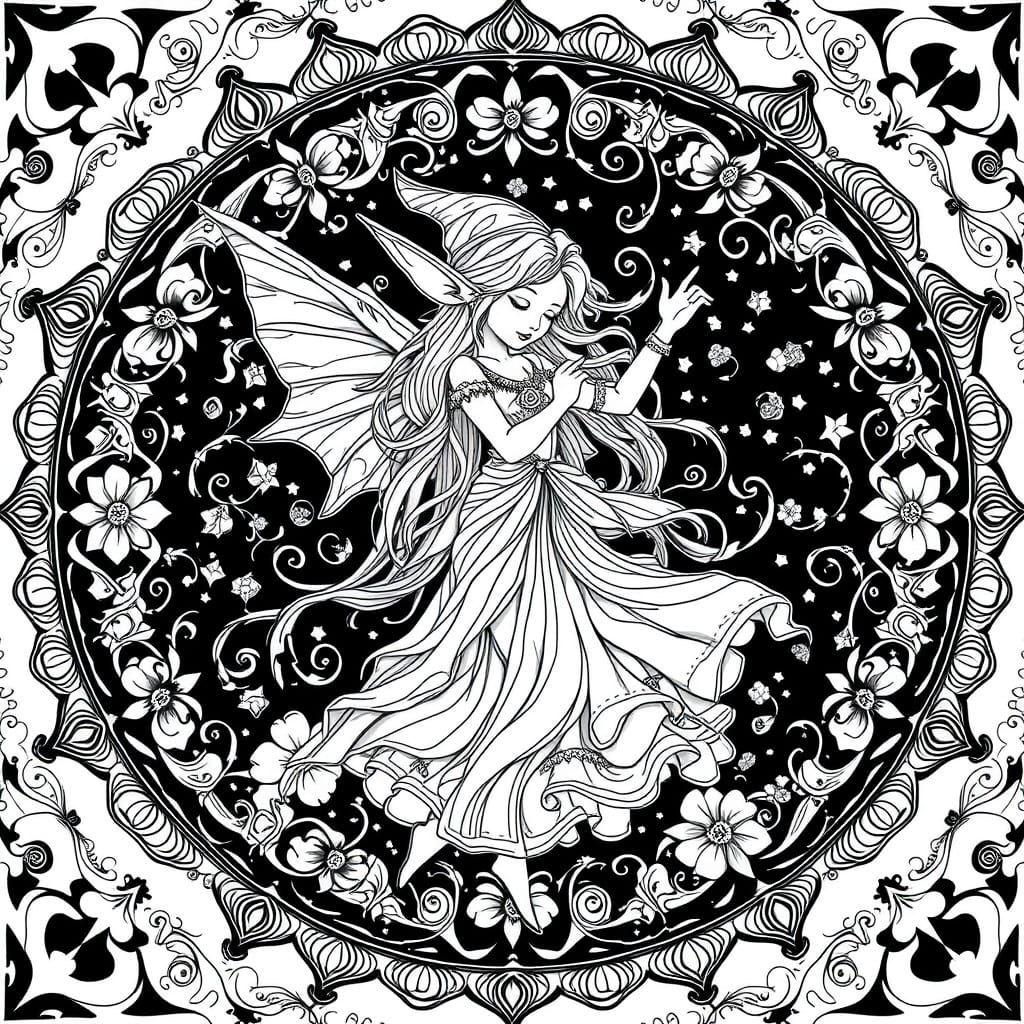 Enchanting Black and White Line Drawing of a Dancing Elf wit...