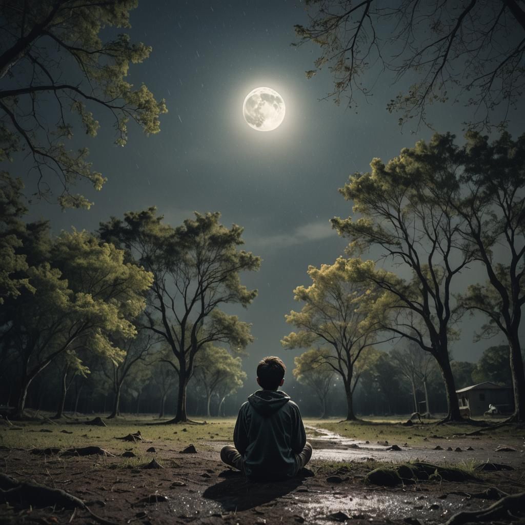 Sad Boy Gazing at Moon in Rainy Forest
