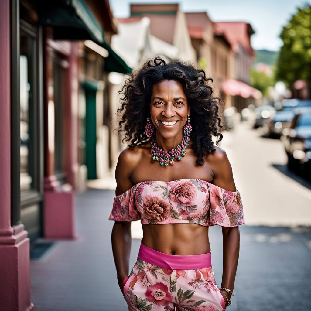 Elegant Woman Strolling in Waterfront Town