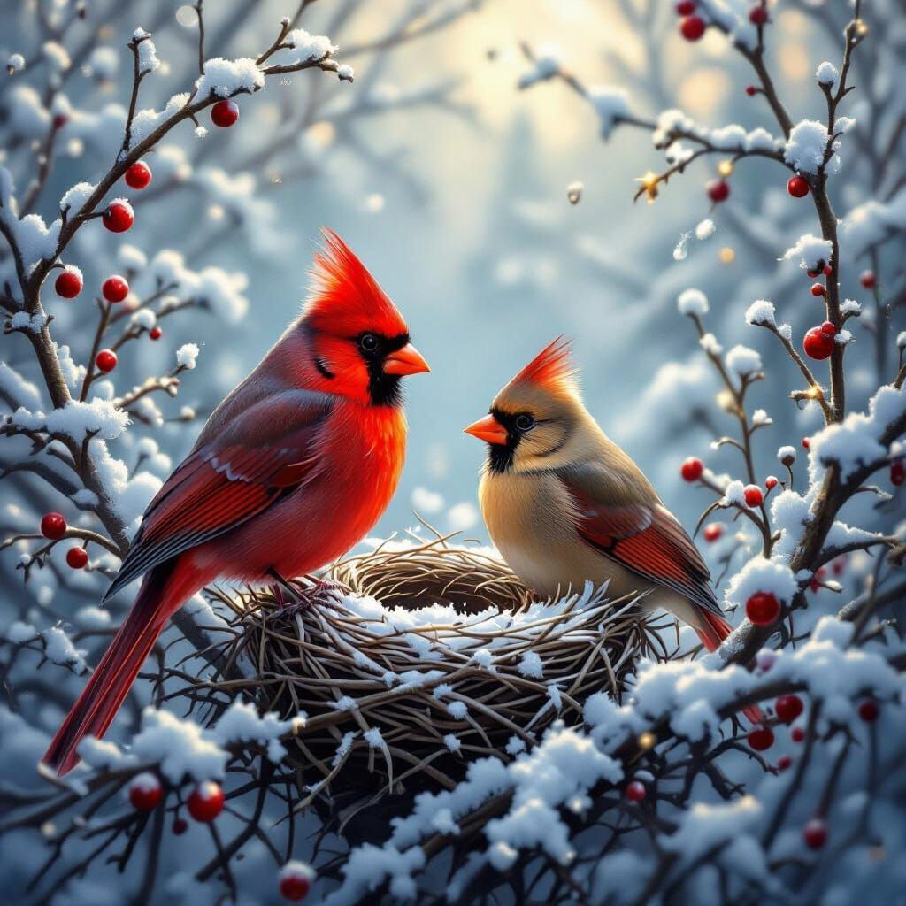 Red Cardinal Christmas Scene in Kinkade Style