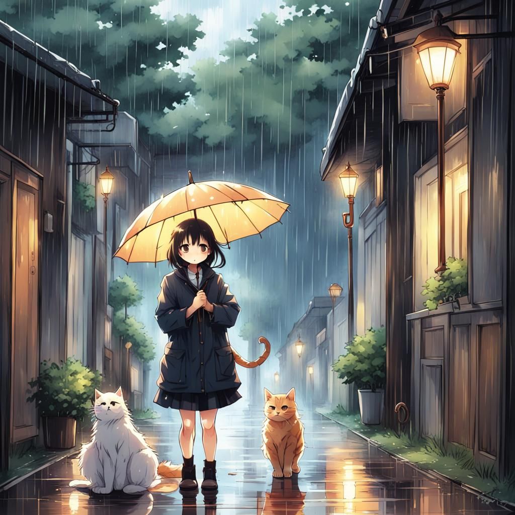 Girl Sheltering Cat in Rain: Anime Style