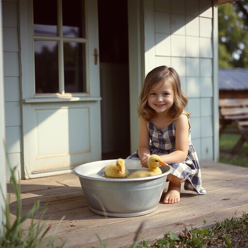 Nostalgic Summer Dacha Scene with Ducklings and Girl