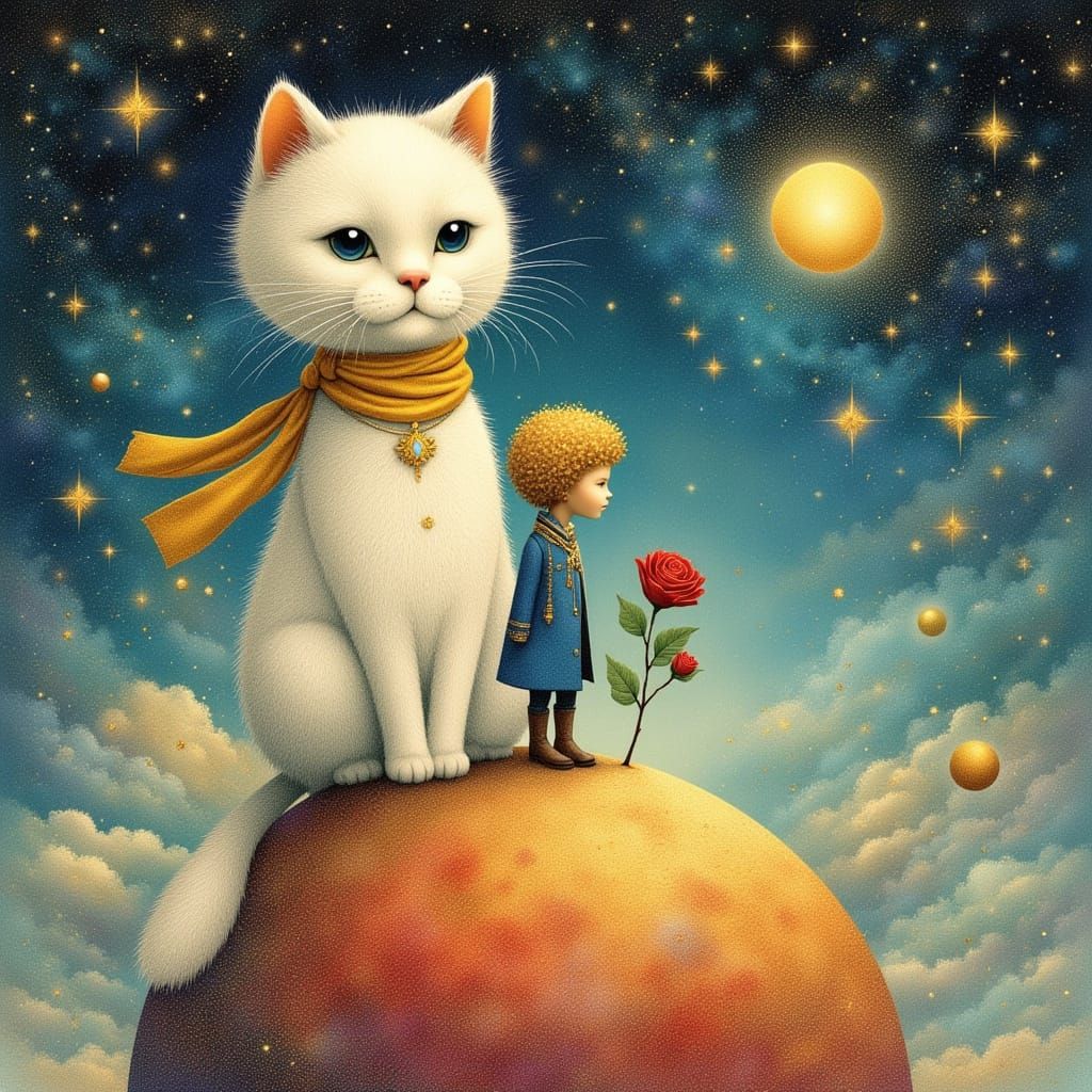 A long haired white cat on a small planet with The Little Prince with curly blond hair in a blue jacket with yellow scar...