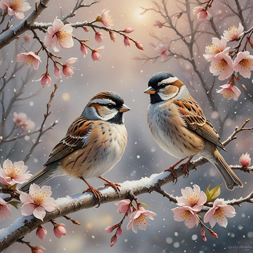 Whimsical Watercolour Sparrows in Peach Blossoms