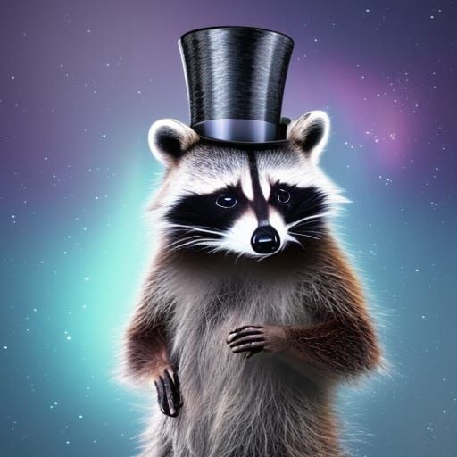Raccoon wearing a Super fancy top hat& Super cute vibes& very look realistic raccoon& Aurora borealis background