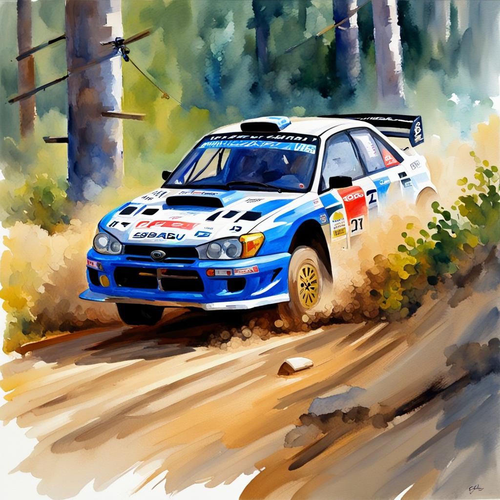 Subaru 22b Rally Car in Gouache Watercolor