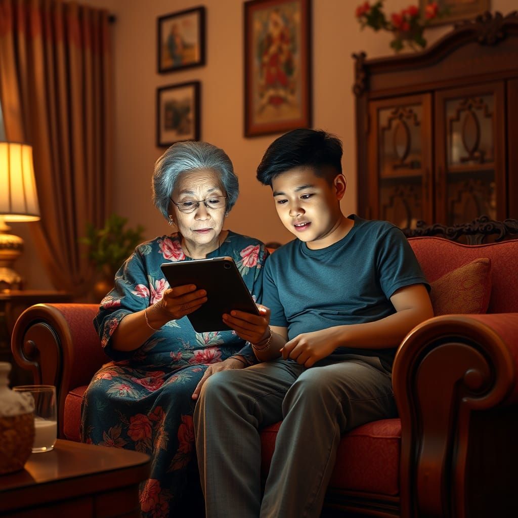 Grandmother and Grandson with iPad, Whimsical Illustration