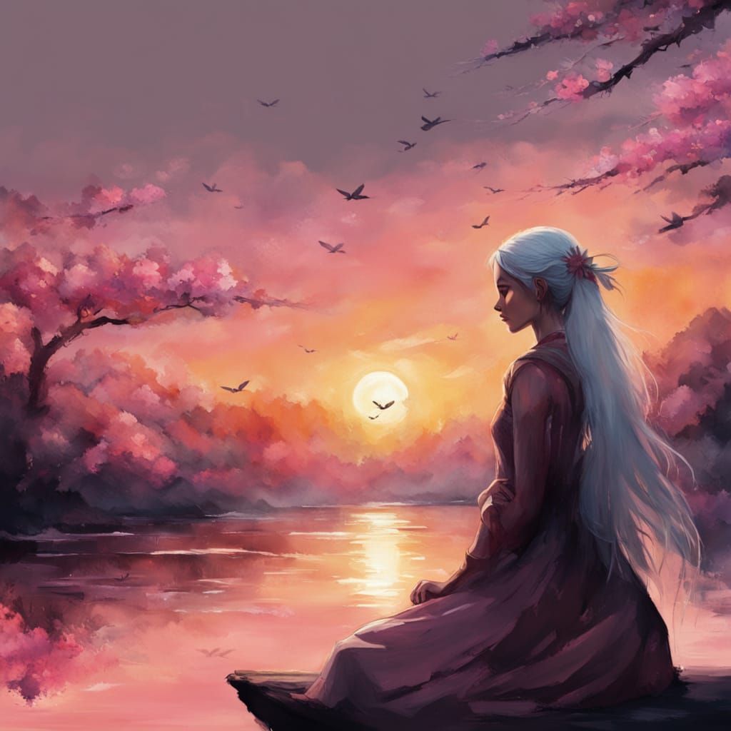 Sad Fairy on Lake Dock at Sunset
