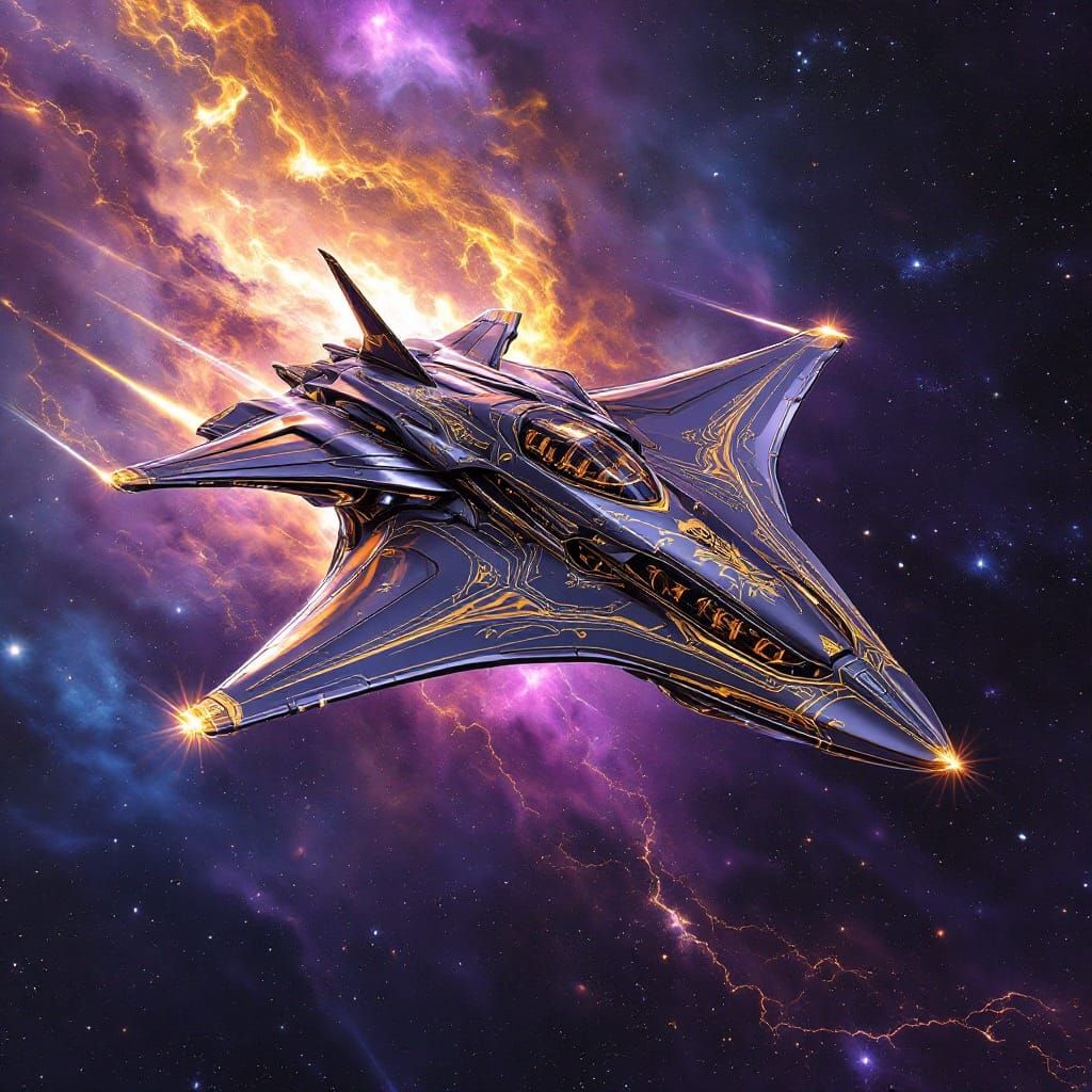 Futuristic Ship Drifting Through Electric Blue Nebula