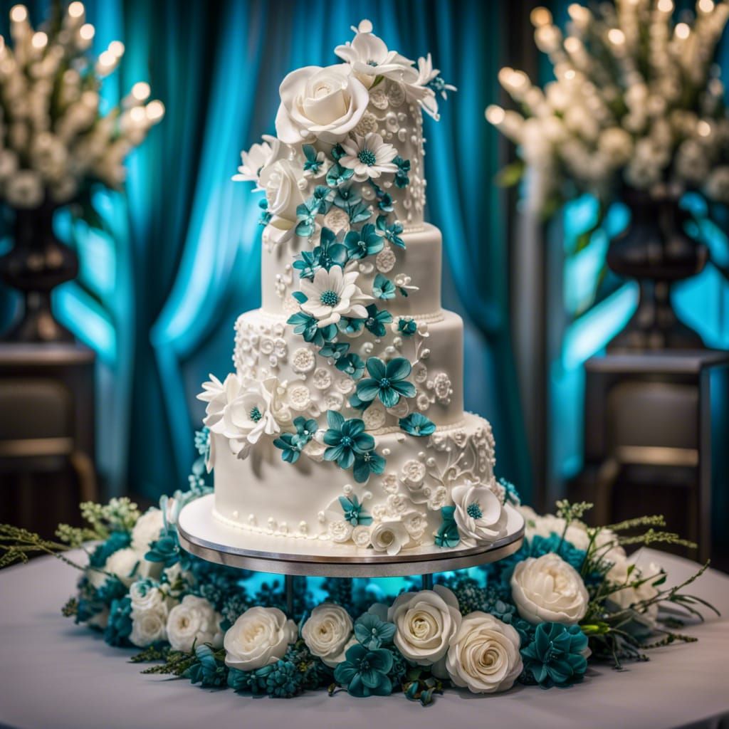 Beautiful White and teal wedding cake