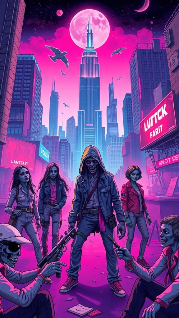 Synthwave Zombies in Neon-Lit Ruins