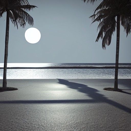 Tropical Beach Under Full Moon in Brutalist Style
