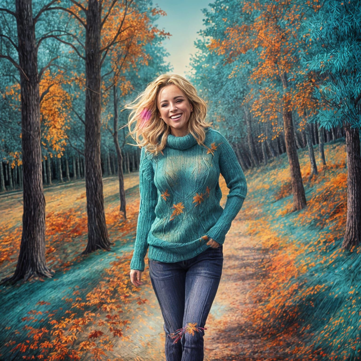 Woman in Turquoise Sweater in Autumn Landscape
