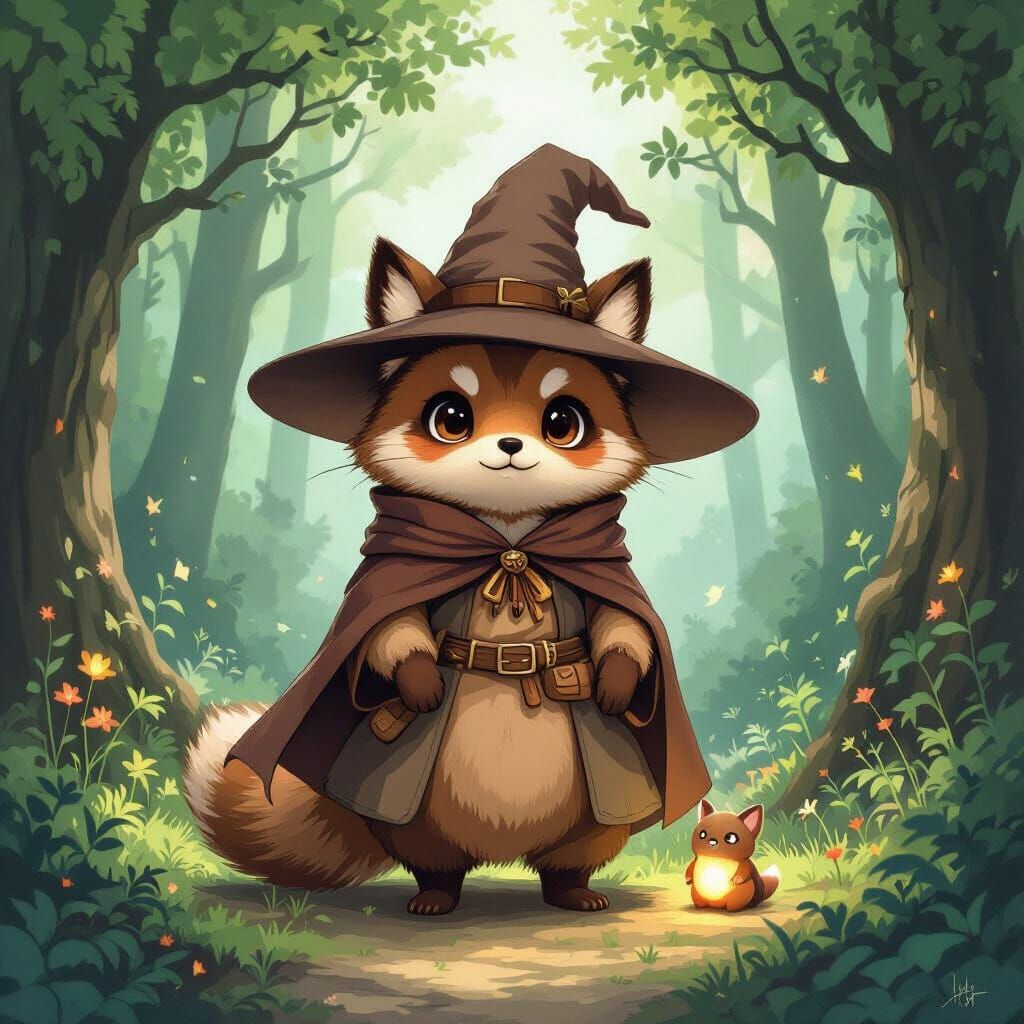 Tanuki Witch in Mystical Forest, Anime Style