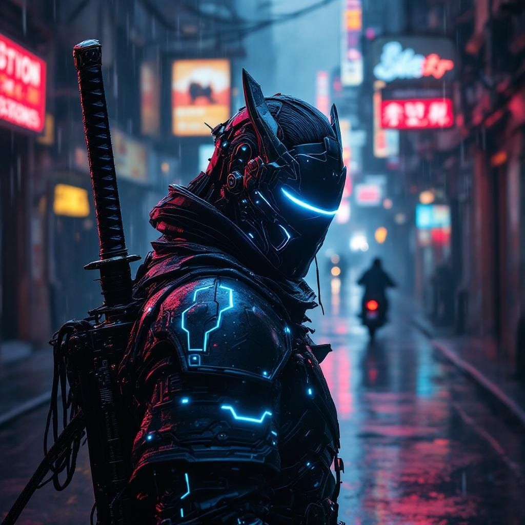 Cyberpunk Samurai in Neon Alley, Futuristic Armor
