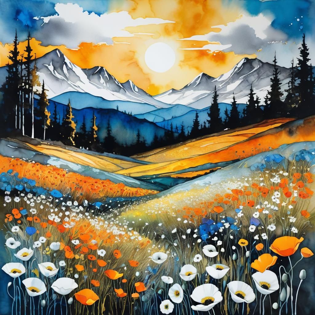 Wildflower Field with Puppies in Surrealist Style