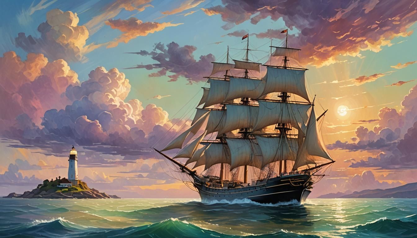 Grand Sailing Ship and Lighthouse at Golden Hour