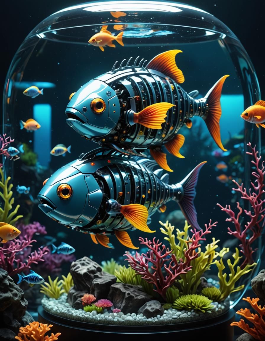 Futuristic Robotic Fish in Colorful Aquarium