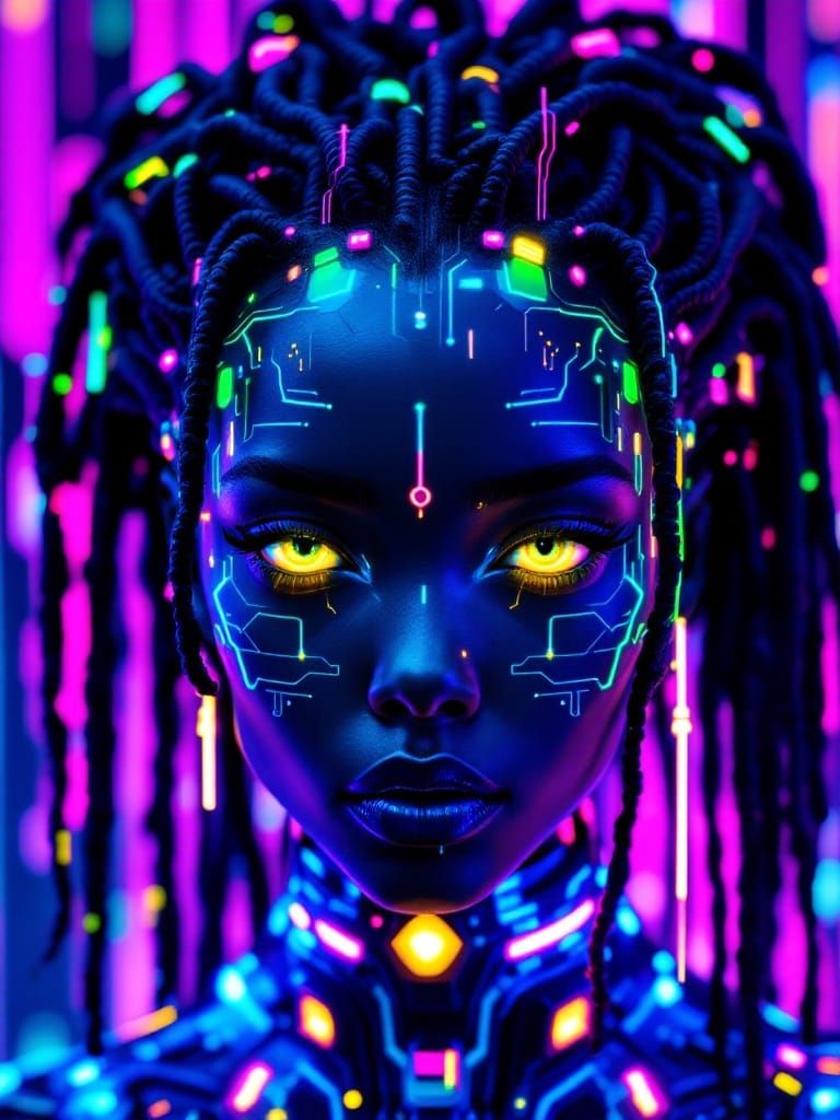 Afro-Futuristic Oracle Radiates Cybernetic Intensity
