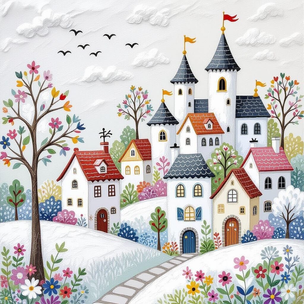 Whimsical Fairy Tale Village in White Encaustic Style