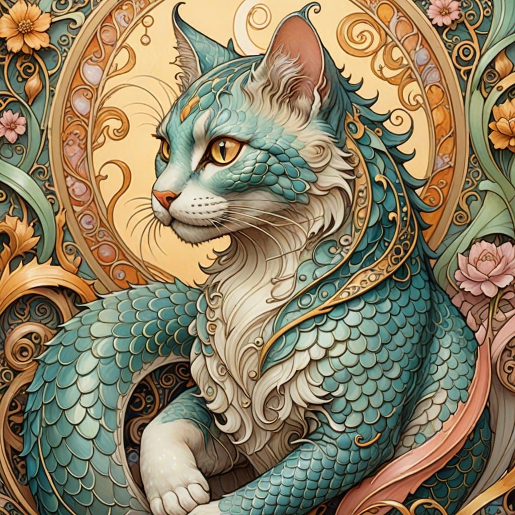 Art Nouveau Cat and Dragon Portrait