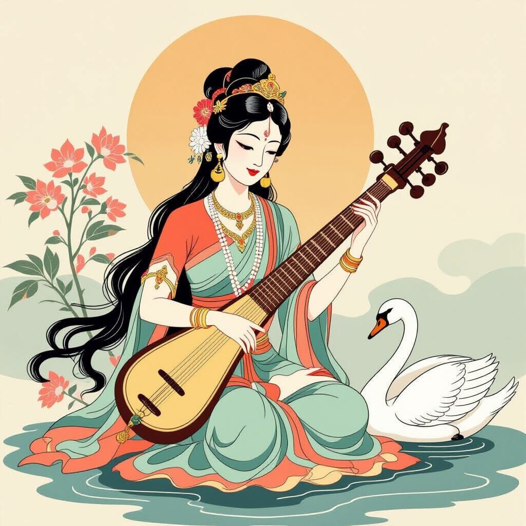 Goddess Saraswati in Japanese Woodcut Style