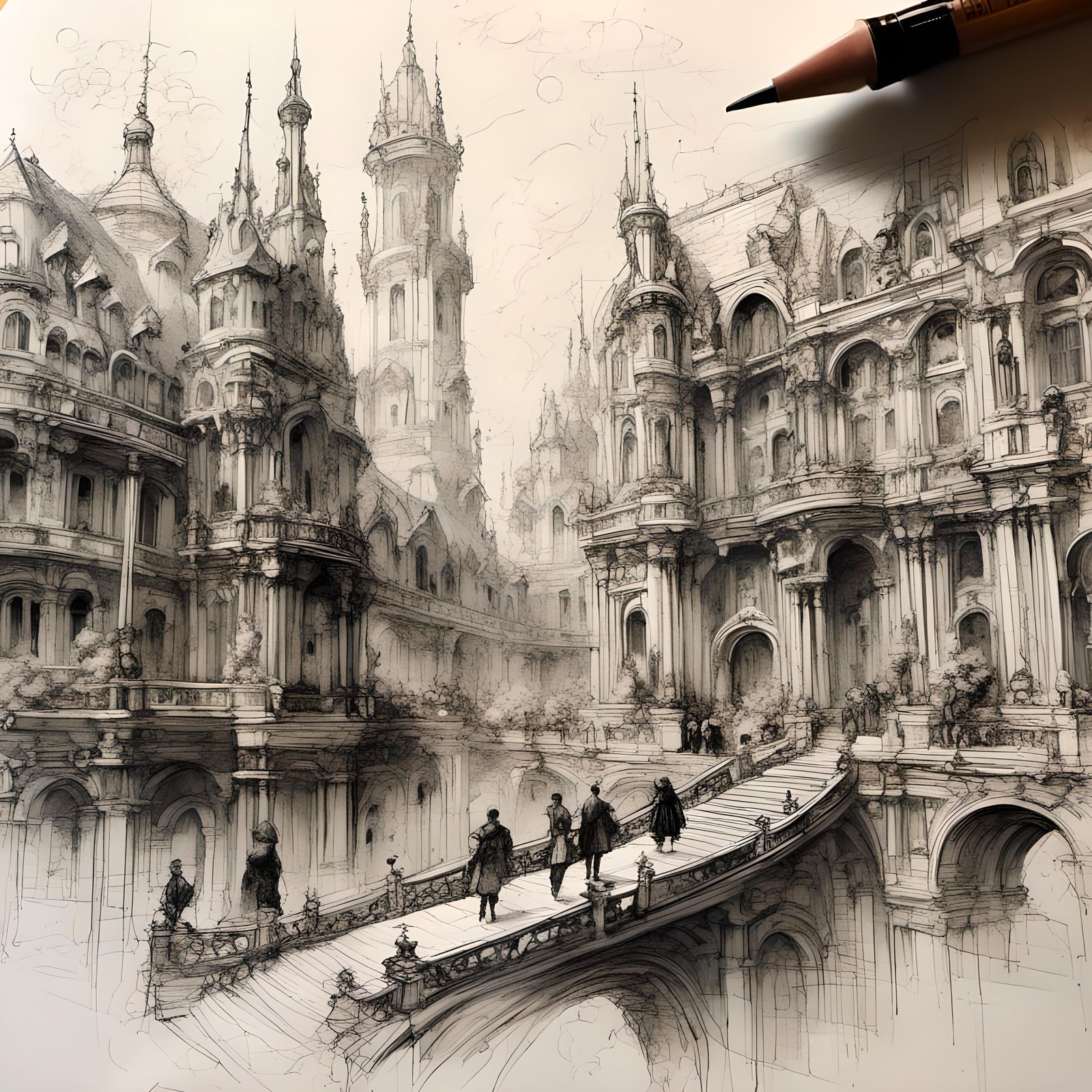 Detailed Architectural Sketch of Frankfurt in Gouache