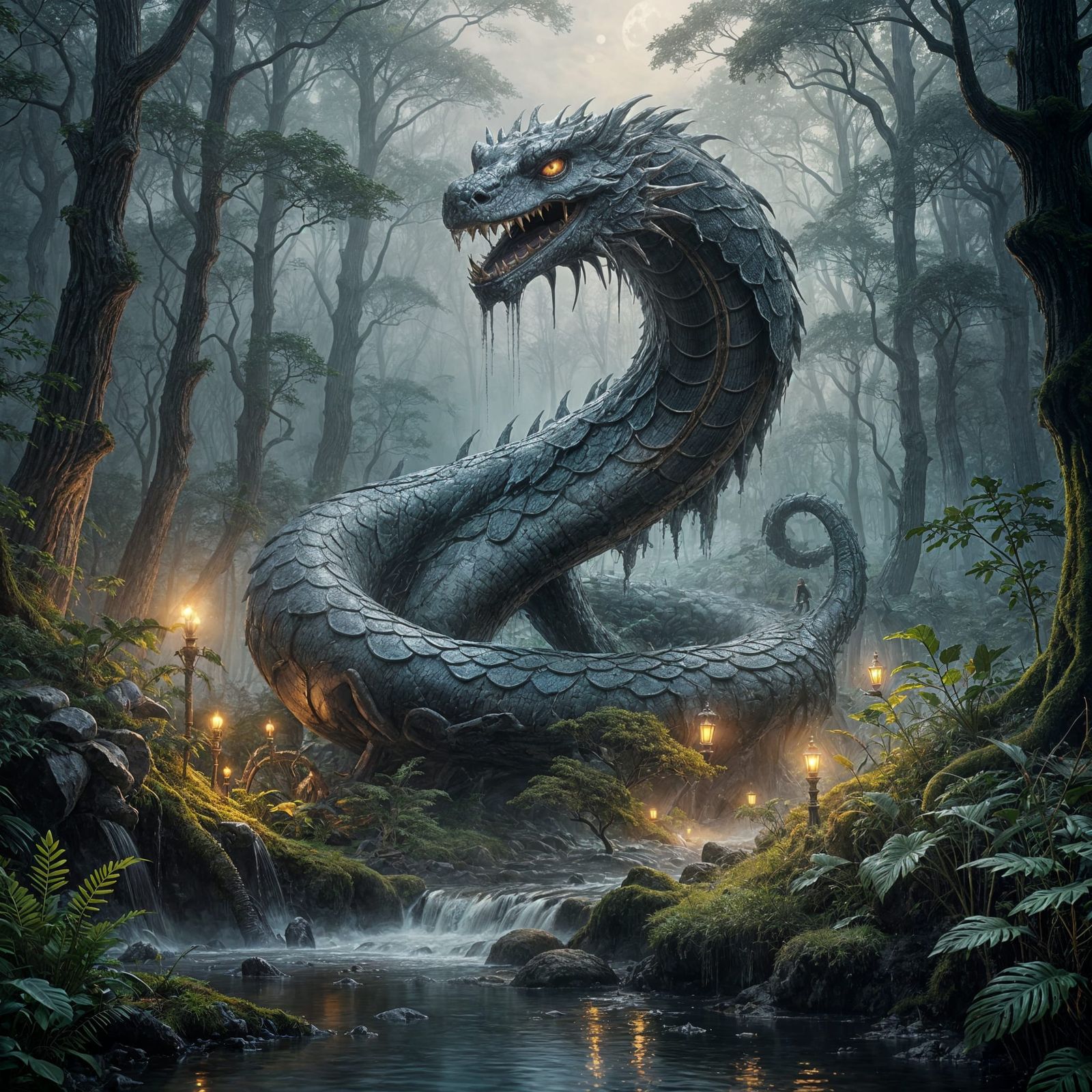 Ethereal Fantasy Serpent in a Misty Dark Forest